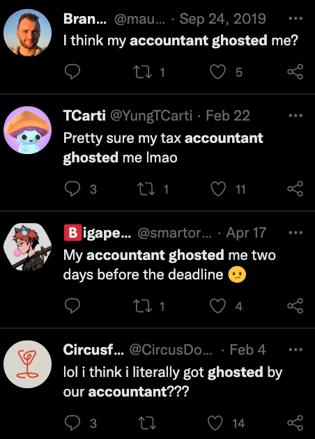 screenshot of tweets from people whose accountants have ghosted them