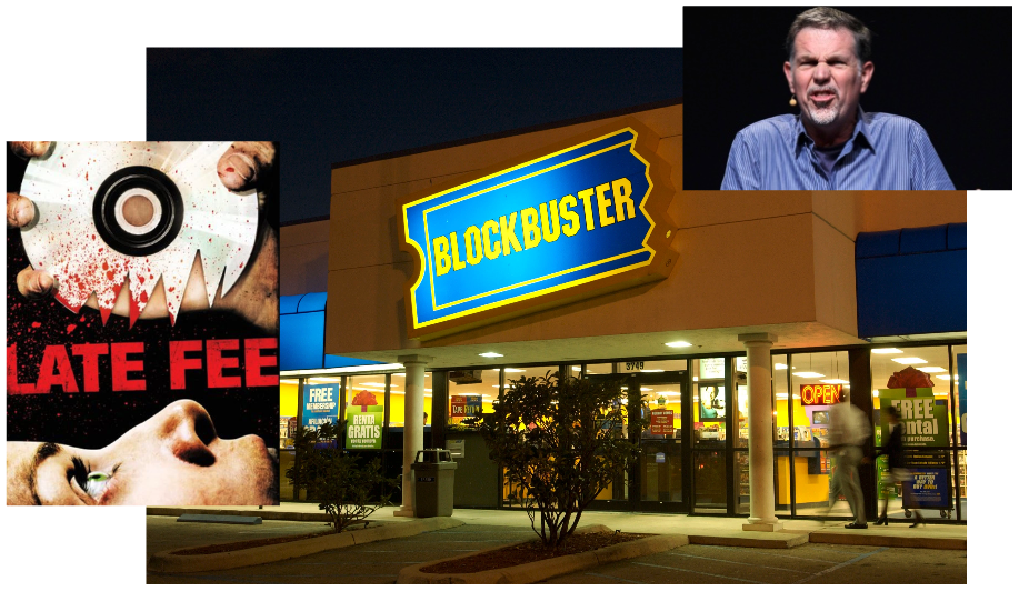 image of reed hastings looking petulant overlaid on a blockbuster video photo and cover for a film called "late fee"