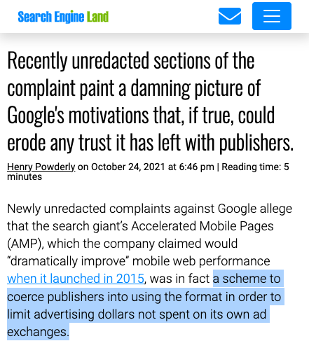 screenshot of an article about publishers suing google over AMP pages