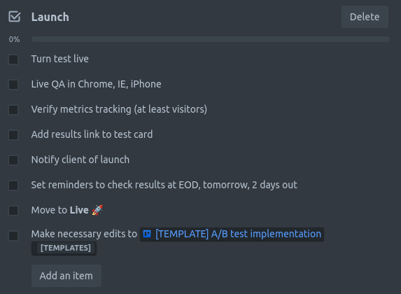 A screenshot of a test launch checklist