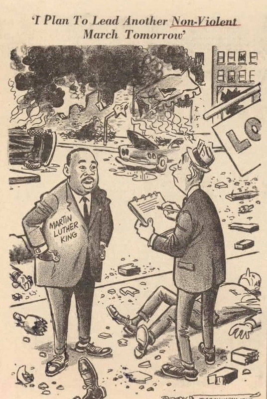 cartoon of MLK standing among ruins of a city. "I plan to lead another nonviolent march tomorrow"