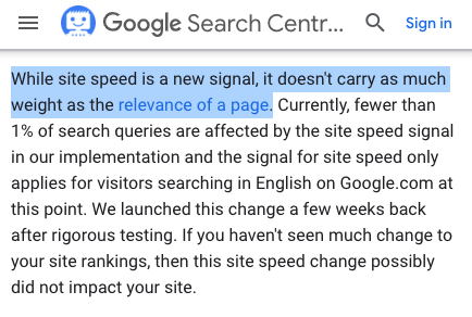 screenshot of google documentation: site speed is not as important as relevance