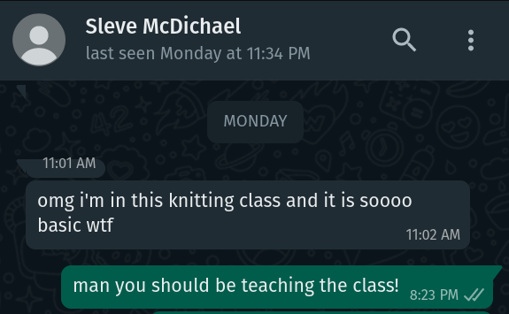 screenshot from whatsapp exchange with sleve mcdichael about his boring knitting class