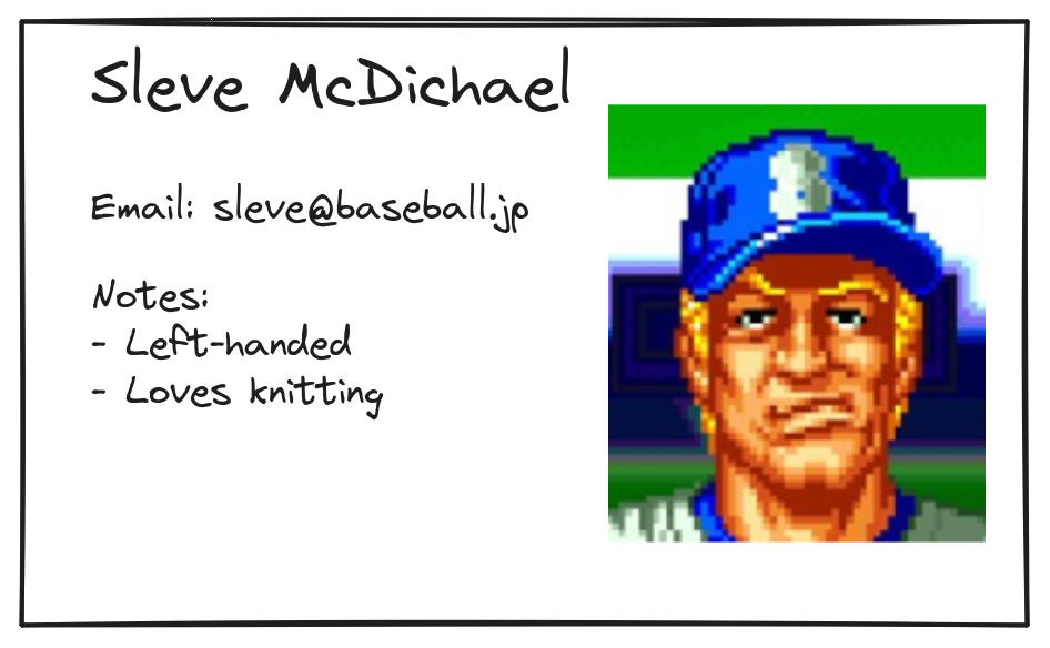 mockup of a CRM record with image of a guy named Sleve McDichael, his email, and notes about him (he loves knitting)